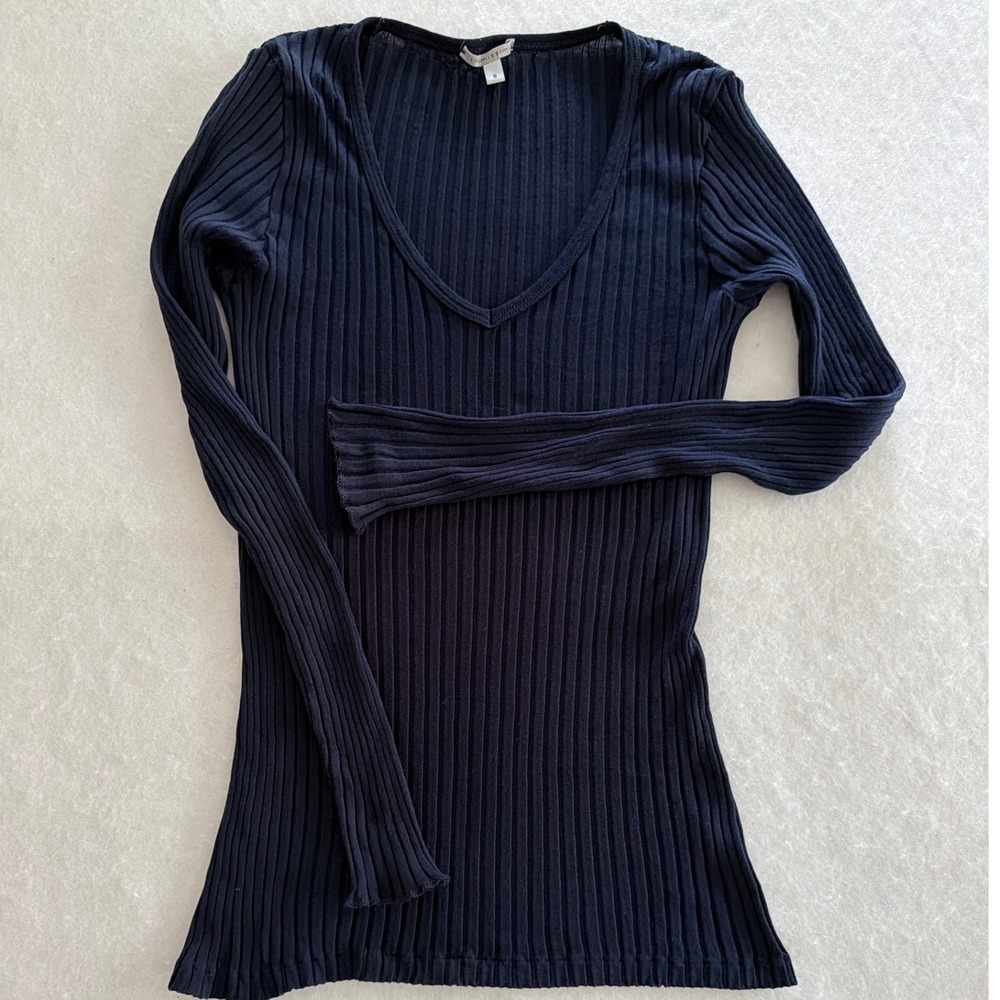 Intimissimi Navy Blue Ribbed V-Neck Long Sleeve Sheer Stretch Top Small